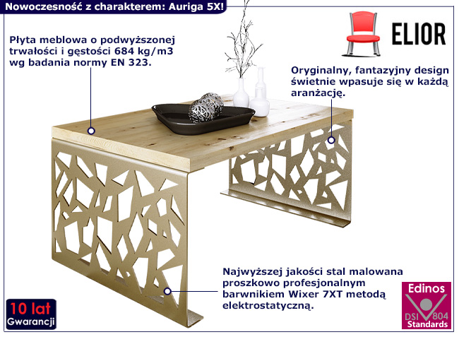 Nowoczesny stolik kawowy Auriga 5X złoty + dąb artisan