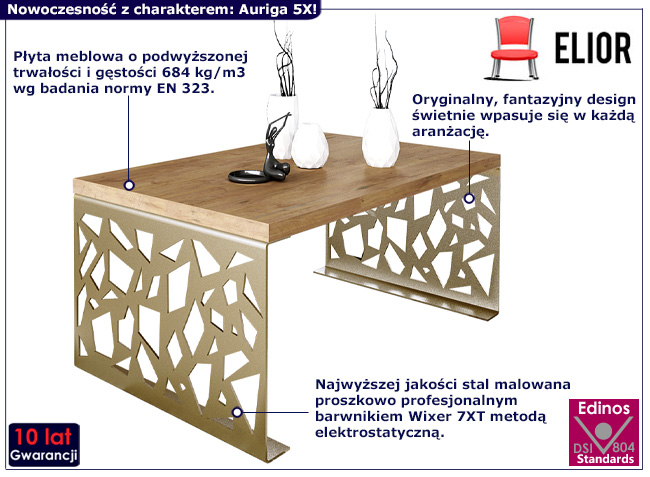 Nowoczesny stolik kawowy Auriga 5X złoty + dąb lancelot