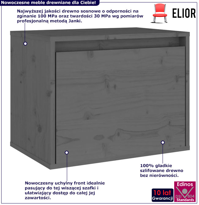 Infografika szarej sosnowej szafki nocnej wiszącej Kirea 3X