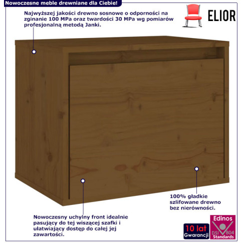Infografika drewnianej szafki nocnej wiszącej miodowy brąz Pios 3X