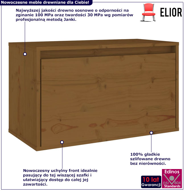 Infografika sosnowej szafki nocnej wiszącej miodowy brąz Kirea 4X