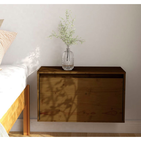 Sypialnia z wykorzystaniem brązowej drewnianej szafki nocnej wiszącej Pios 4X