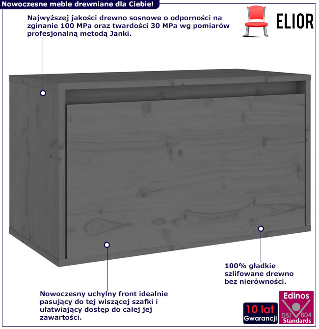 Infografika szarej sosnowej szafki nocnej wiszącej Kirea 4X