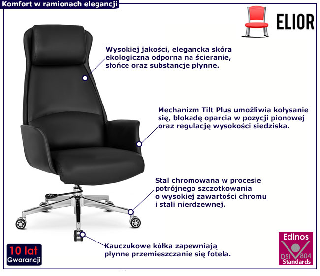 Czarny skórzany fotel obrotowy do gabinetu Denis