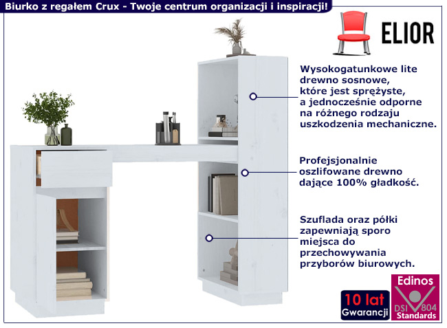 Sosnowe biurko z regałem Crux kolor biały