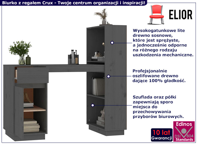 Sosnowe biurko z regałem Dronos kolor szary