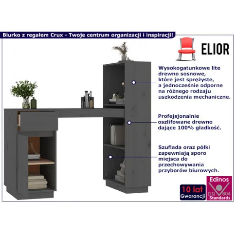Biurko z szufladą i półkami Crux kolor szary