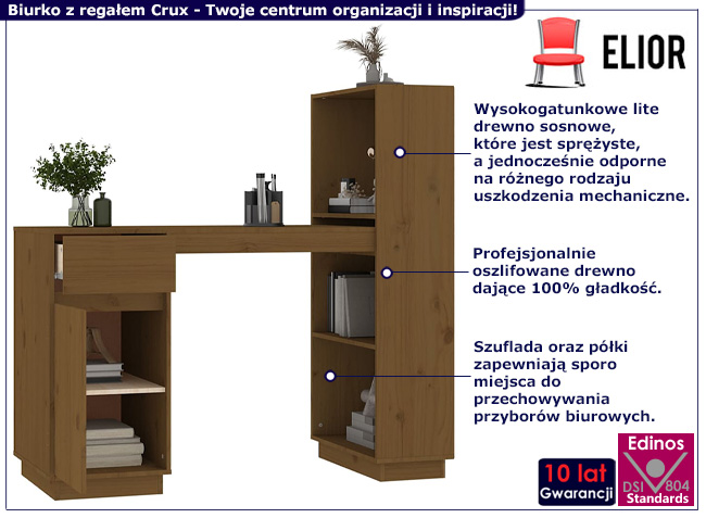 Sosnowe biurko z regałem Dronos kolor miodowy brąz