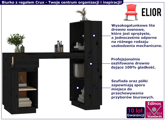 Sosnowe biurko z regałem Crux kolor czarny