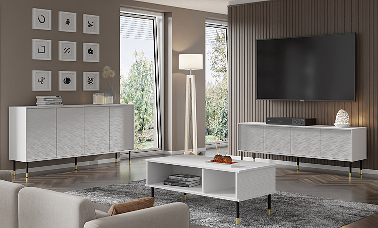 Wizualizacja aranżacji z ławą kawową białą Javens 5X