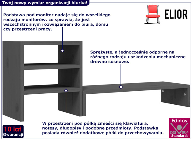 Sosnowa półka na biurko Taggo kolor szary
