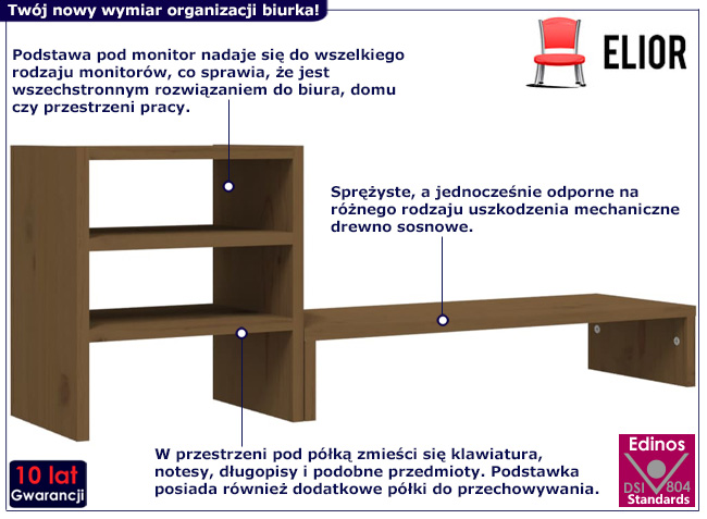 Sosnowa półka na biurko Tauris kolor miodowy brąz