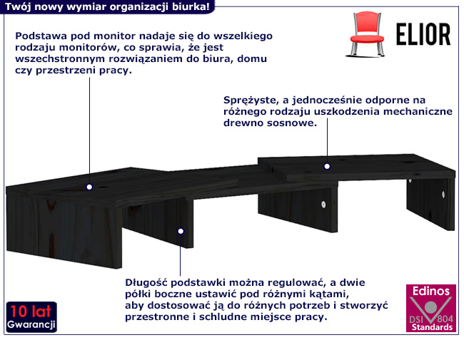 Sosnowa półka na biurko Kappi kolor czarny