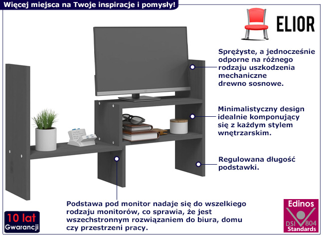 Regulowana podstawka pod monitor Dalia kolor szary