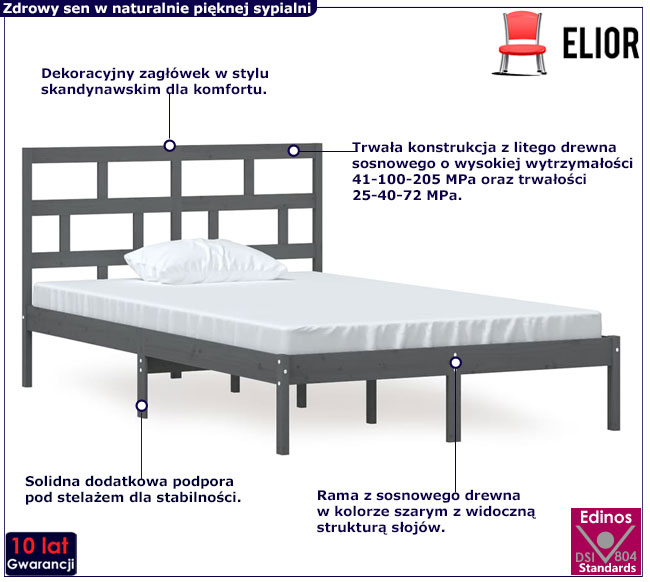 szare podwójne sosnowe łóżko Adia 5X