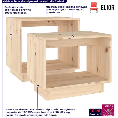 Infografika kompletu 2 drewnianych stolików kawowych naturalny Acos
