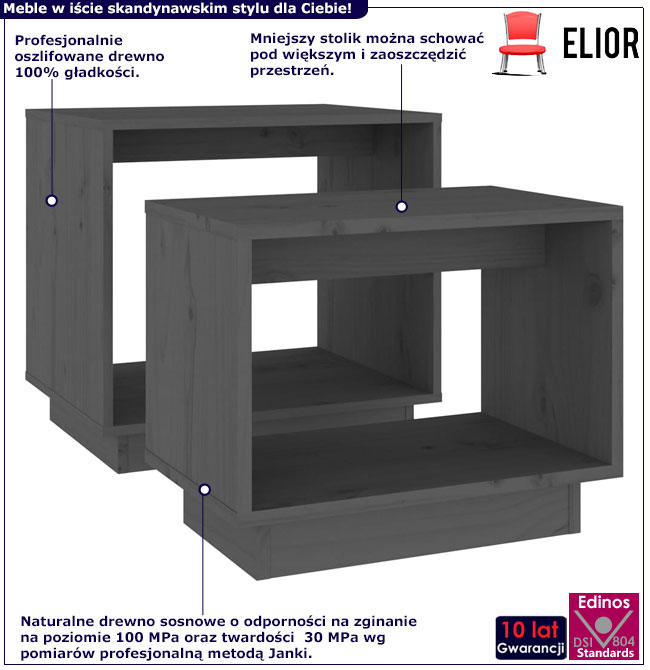 Infografika zestawu szarych sosnowych stolików kawowych 2w1 Otranto