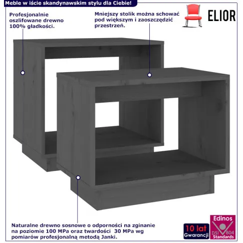 Infografika kompletu 2 szarych drewnianych stolików kawowych Axos
