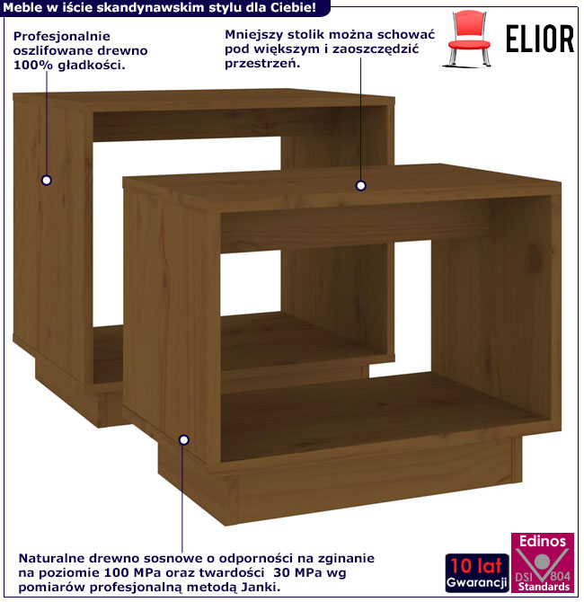 Infografika kompletu 2 drewnianych stolików kawowych miodowy brąz Otranto
