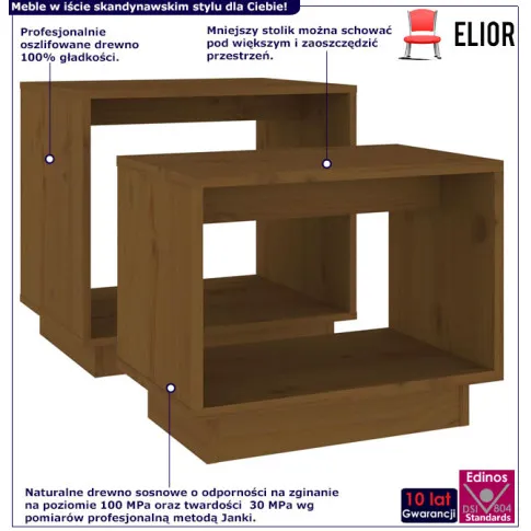 Infografika kompletu 2 drewnianych stolików kawowych miodowy brąz Acos