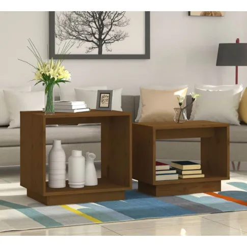 Zestaw 2 stolików kawowych Acos miodowy brąz we współczesnym salonie