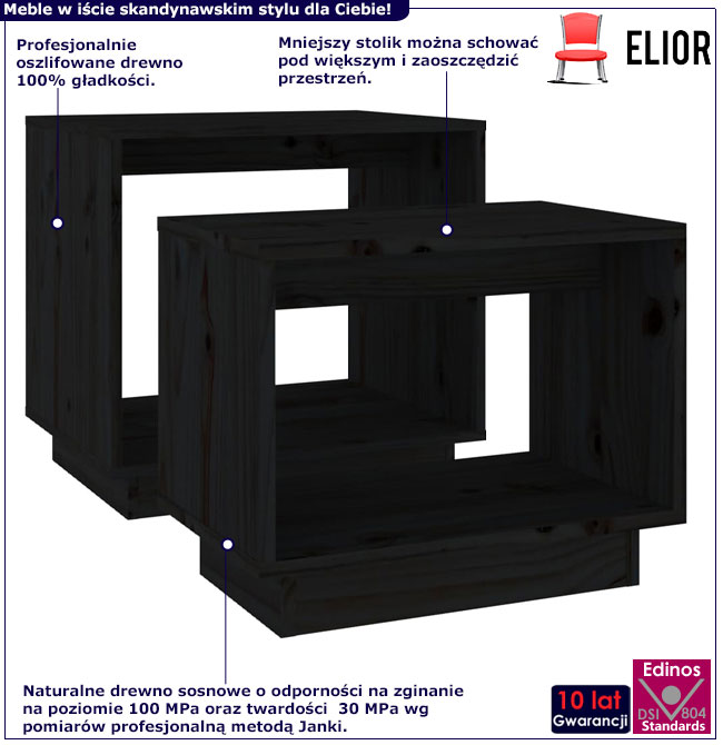 Infografika zestawu czarnych sosnowych stolików kawowych 2w1 Acos