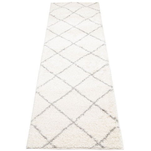Biały chodnik dywanowy shaggy w szarą kratę Befi 4X