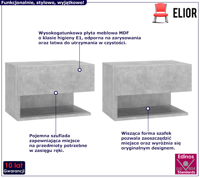 Wiszaca szafka nocna z szufladą Entrex szary beton