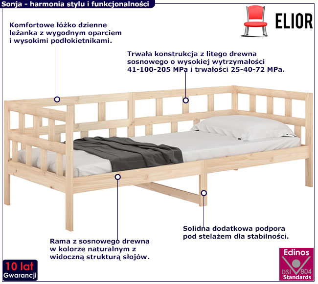 sosnowe łóżko dzienne 90x200 Vinco 4X