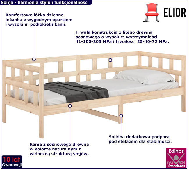 sosnowe łóżko dzienne 90x200 Sonja 4X