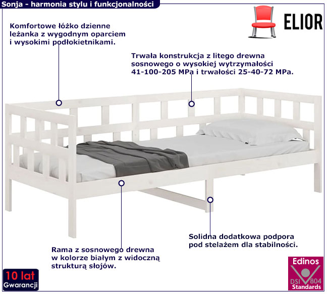 białe sosnowe łózko dzienne 90x200 Sonja 4X