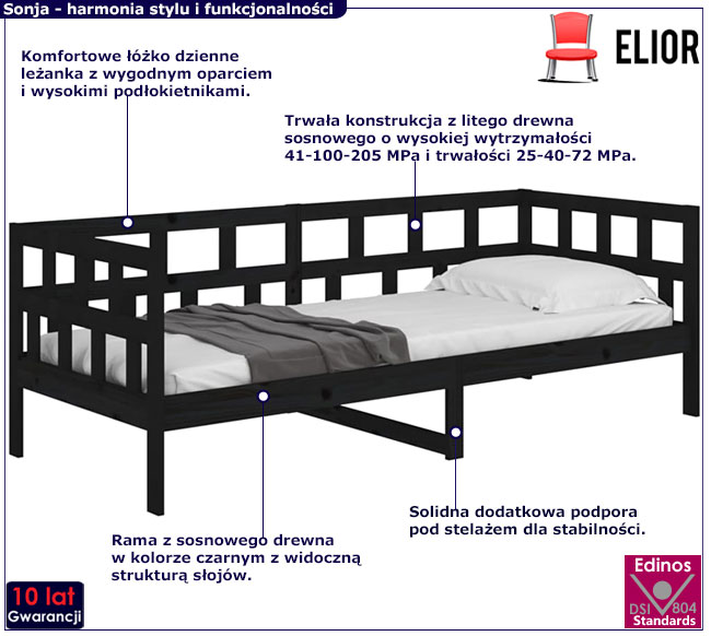 Czarne sosnowe łózko dzienne Sonja 4X