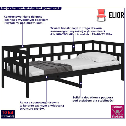 Drewniane łóżko dzienne w kolorze czarnym 90x200 Sonja 4X