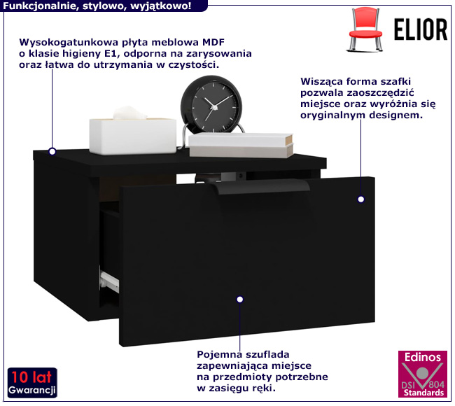 Wiszaca czarna szafka nocna z szufladą Tracy