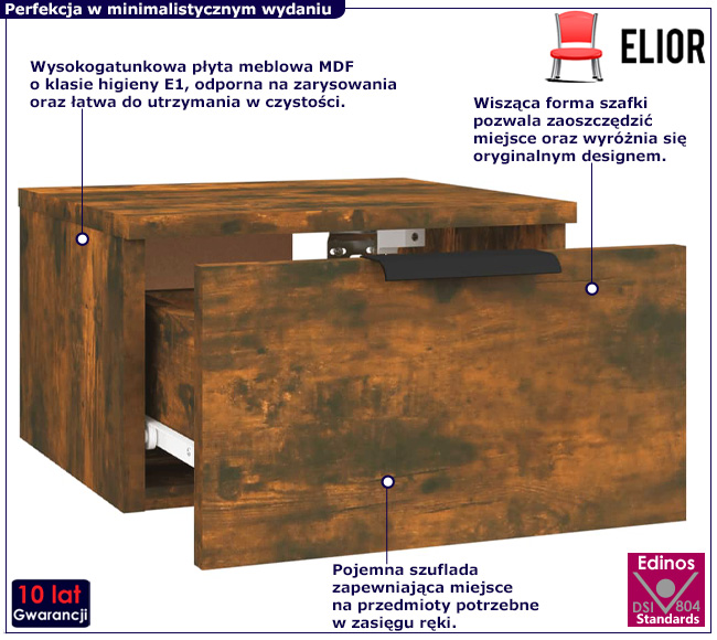 Wiszaca szafka nocna z szufladą Tracy przydymiony brąz