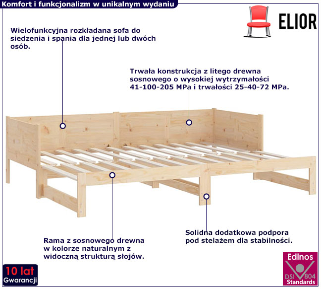 sosnowe rozsuwane łózko sofa Eluwin 3X
