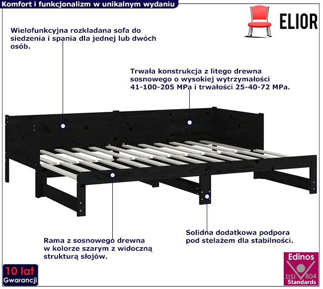 czarne drewniane rozsuwane łóżko Eluwin 4X