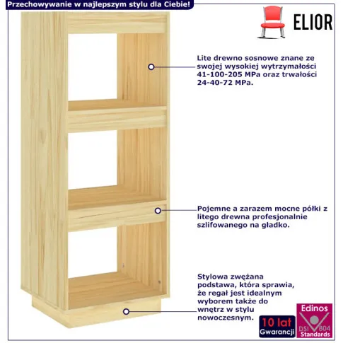 Infografika sosnowego regału z 3 półkami naturalny Wajos 3X