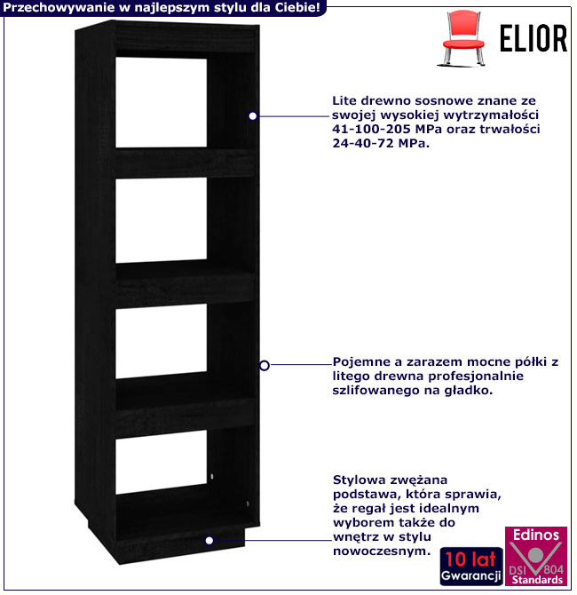 Infografika czarnego drewnianego regału z 4 półkami Wajos 4X
