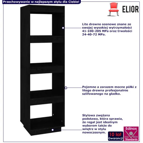 Infografika czarnego drewnianego regału z 4 półkami Wajos 4X