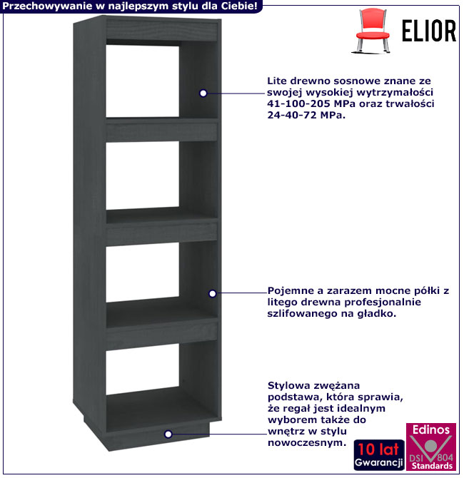 Infografika szarego drewnianego regału z 4 półkami Wajos 4X