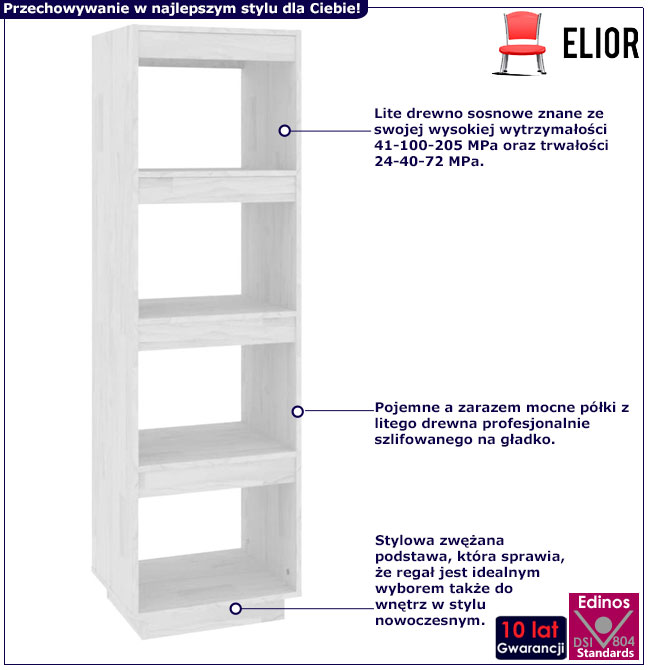 Infografika białego drewnianego regału z 4 półkami Wajos 4X