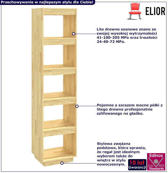 Infografika sosnowego regału z 5 półkami Wajos 5X