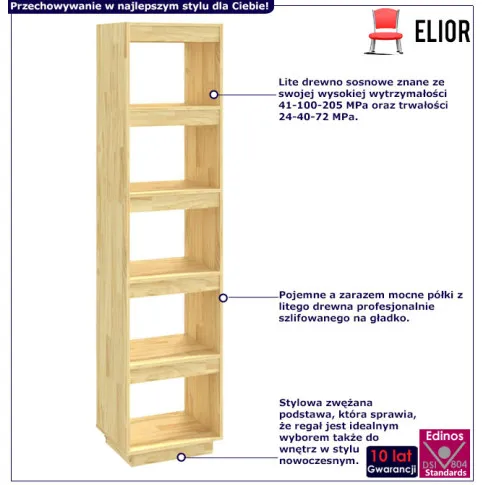 Infografika drewnianego regału z 5 półkami naturalny Wajos 5X