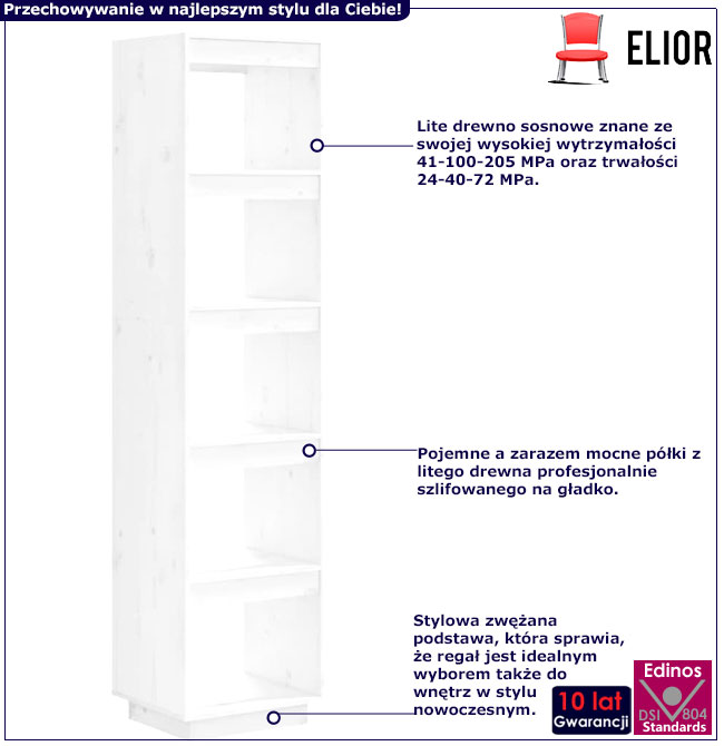 Infografika białego sosnowego regału z 5 półkami Lika 5X
