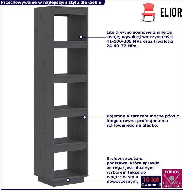 Infografika szarego sosnowego regału z 5 półkami Wajos 5X