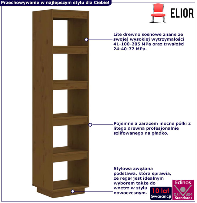 Infografika sosnowego regału z 5 półkami miodowy braz Lika 5X