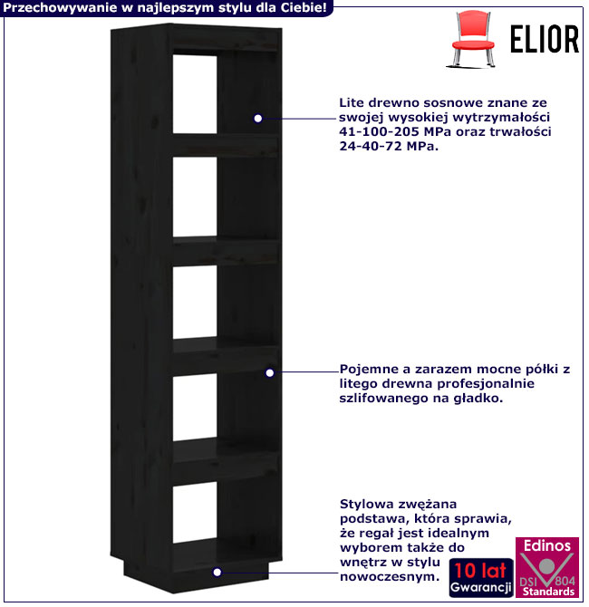 Infografika czarnego sosnowego regału z 5 półkami Wajos 5X