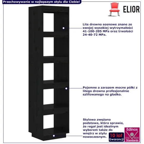 Infografika czarnego drewnianego regału z 5 półkami Wajos 5X