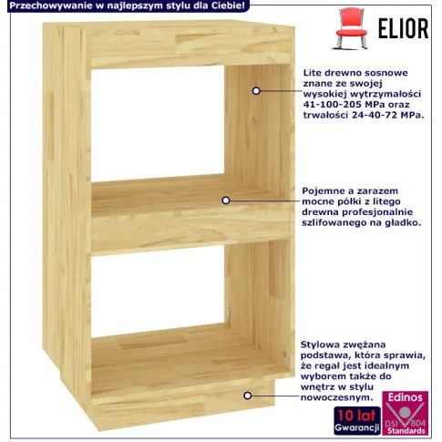 Infografika drewnianego regału z 2 półkami naturalny Wajos 6X